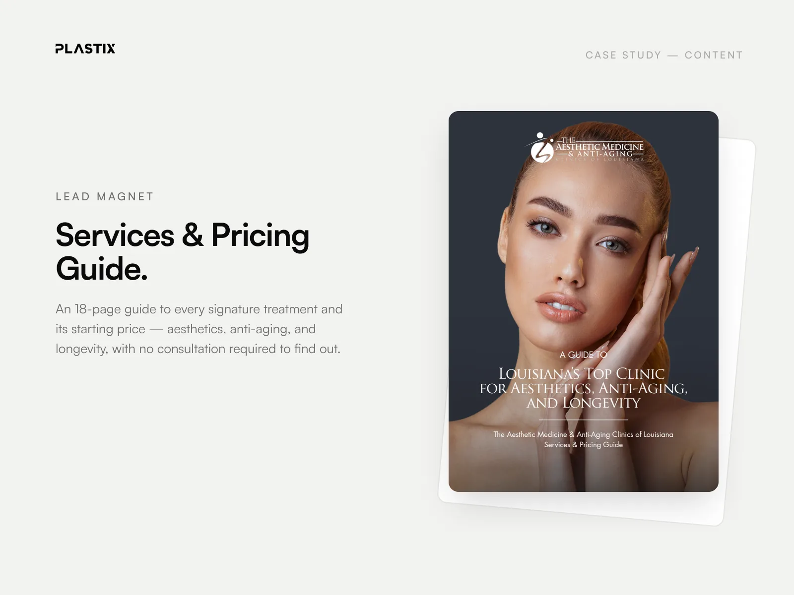 The Aesthetic Medicine & Anti-Aging Clinics of Louisiana services and pricing guide lead magnet designed by Plastix